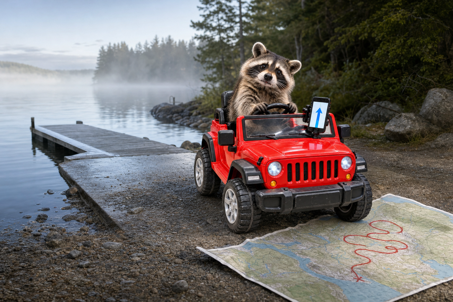 Wrong Route parked in his red toy jeep at a misty lakeside dock, a paper map with a looping red route spread on the gravel